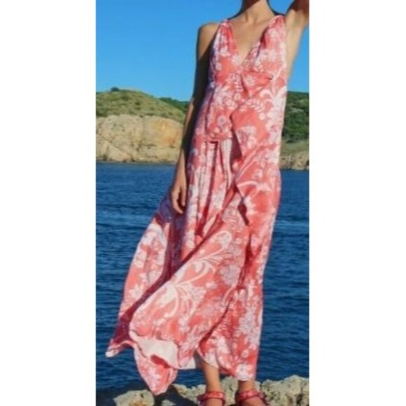 Free People Ashley Coral & White Floral Halter Dress Size 2 Spring Boho Maxi - Picture 1 of 16